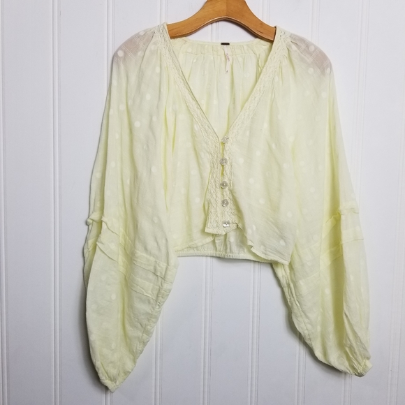 Free People Ballon Sleeve Crop Top Womens Yellow Button V Neck Longsleeve - Picture 3 of 15